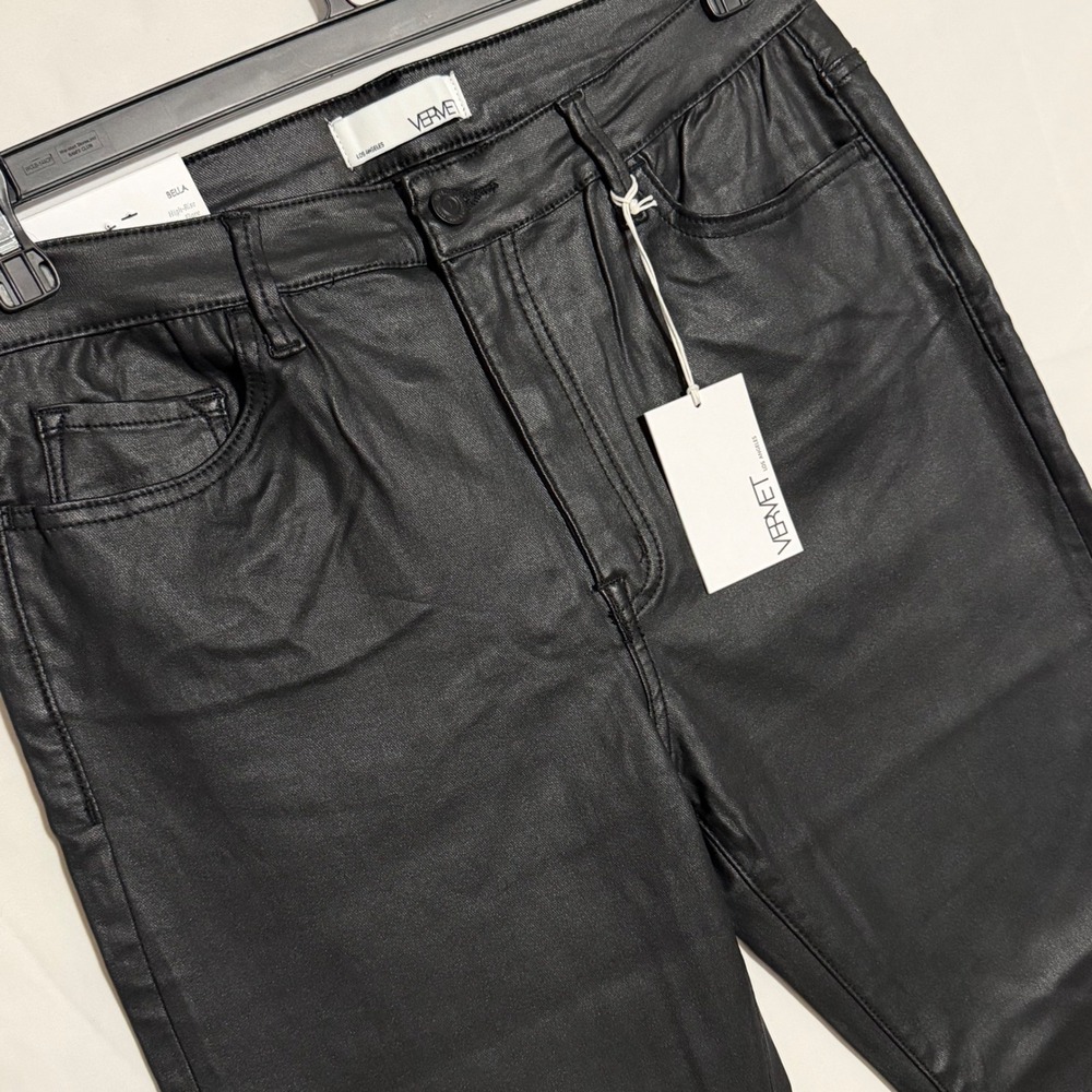 Vervet Bella High Rise Faux Leather Look Crop Flare Pants Jet Black Size 32 NWT